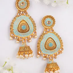 Anouk Gold-Plated Artificial Stones Studded and Pearls Beaded Dome Shaped Jhumkas-14