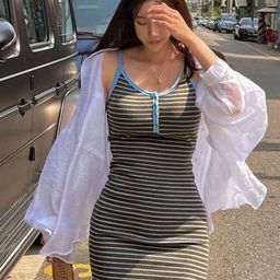 KPOP Striped Ribbed Bodycon Mini Dress-picture-9
