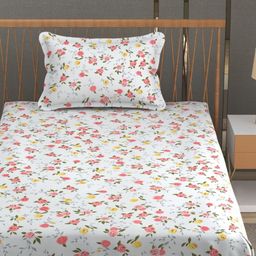 MallowWorld White & Pink Floral 200 TC Single Bedsheet with 1 Pillow Covers-image-57