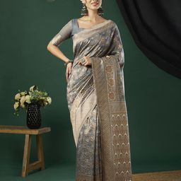 HERE&NOW Floral Zari Pure Linen Saree-16