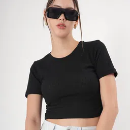 clobug Women Ribbed Round Neck Crepe Crop Top-image-71