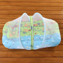 Babyhug Cotton Bedding Set with Center Zip Mosquito Net Animals With House Print- Blue image 2