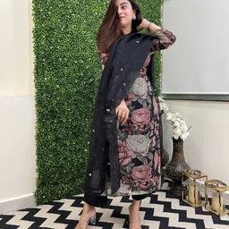 KALINI Floral Printed Regular Thread Work Kurta with Trousers & With Dupatta image 2