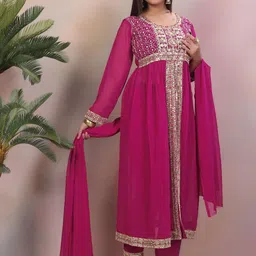 Delice Yoke Design Sequinned Georgette High Slit A-Line Kurta With Trousers & Dupatta-picture-0