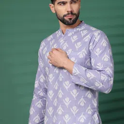 Sangria Lavender Floral Printed Mandarin Collar Cotton Short Kurta-image-5