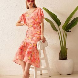 STREET 9 Floral Printed Puff Sleeve Georgette A-Line Midi Dress-image-69