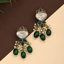 Anvik Gold Plated Kundan Studded & Pearls Beaded Contemporary Drop Earrings-picture-6