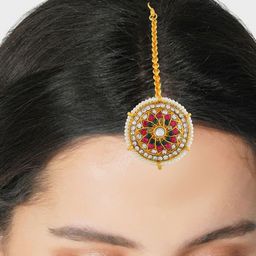 MEMOIR Gold Plated Stone Studded & Beaded Bindi Borla Brass Maang Tikka-37