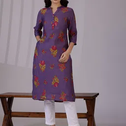 W Purple Floral Printed Mandarin Collar Three-Quarter Sleeves Straight Kurta-picture-27
