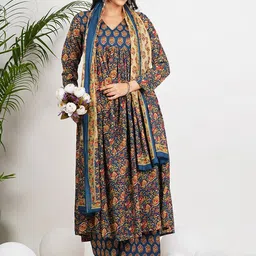 Vbuyz Women Floral Printed Regular Pure Cotton Kurta with Palazzos & With Dupatta-image-12