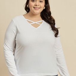 CURVY STREET Women Solid V-Neck Cotton Plus Size T-shirt-image-58