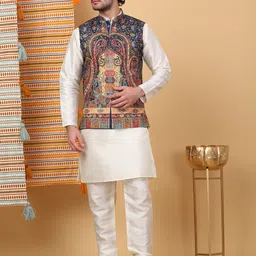 KRAFT INDIA LUXE Mandarin Collar Straight Kurta with Churidar & Printed Nehru Jacket-picture-10