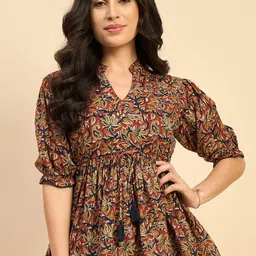 Azira Floral Print Mandarin Collar Puff Sleeve Cotton Empire Top-image-99