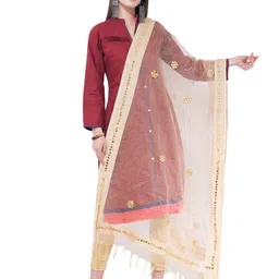 A R SILK DUPATTA HUB Floral Embroidered Mirror Work Organza Dupatta-picture-35