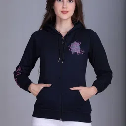 HERE&NOW Women Navy Blue Full Front Zip Sweatshirt with Hood-picture-21