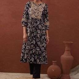 HERE&NOW Women Floral Printed Regular Sequinned Kurta with Trousers-image-6
