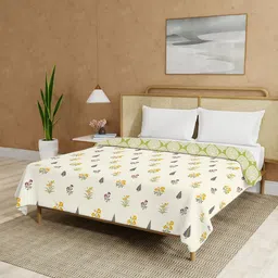 URBAN SPACE White & Yellow Floral Printed Malmal Cotton 90 GSM AC Room Double Bed Dohar-image-87