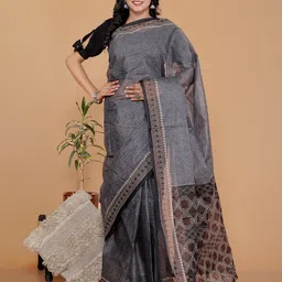 Jevi Women Grey Paisley Printed Pure Cotton Block Print Saree-24