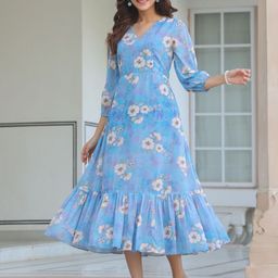 Janasyas Women Blue Georgette Floral Printed A-line Dress-image-63