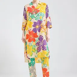 I like me Yellow Floral Printed Shirt Collar Pure Cotton Tunic With Trousers-picture-56