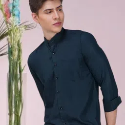 BASE 41 Men Slim Fit Band Collar Solid Casual Shirt-image-26