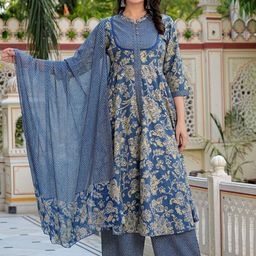 YASH GALLERY Women Ethnic Motifs Printed Regular Kurta with Trousers & With Dupatta-image-90