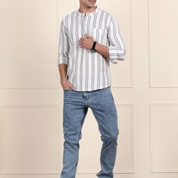 THE SOUL PATROL Striped Cotton Mandarin Collar Short Kurta-image-77