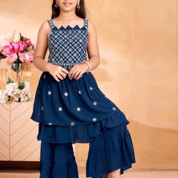 Muhuratam Girls Turquoise Blue Georgette Kurta Sets-image-68
