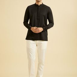 Manyavar Woven Design Mandarin Collar Rolled-Up Sleeves Short Kurta-image-72