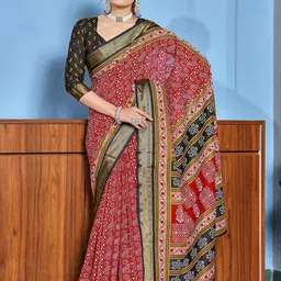 PEENGAX Ajrakh Printed Zari Pure Cotton Block Print Saree with Blouse Piece-picture-17