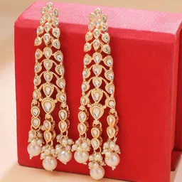 Yellow Chimes Gold Plated Kundan Stone Studded & Pearls Beaded Drop Earrings image 1