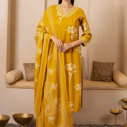 SHIVARA Floral Printed High Slit Sequinned Pure Cotton Kurta Wiith Trousers & Dupatta-picture-53