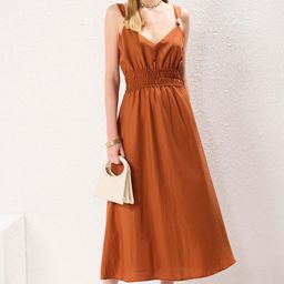 Trendyol Kahverengi Women Smocked Fit & Flare Midi Dress-image-61