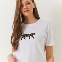 BIANCO LUCCI Women Typography Mandarin Collar Cut Outs T-shirt-image-36