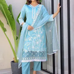 Anouk Floral Embroidered Regular Pure Silk Straight Kurta with Trousers & Dupatta-image-47
