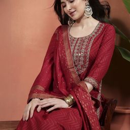 Sangria Women Printed Empire Thread Work Kurta with Trousers & With Dupatta-picture-5