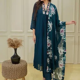JAPNAAM Women Floral Embroidered Anarkali Kurta with Trousers & Dupatta-picture-53