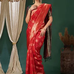 KALINI Ethnic Motifs Zari Silk Blend Banarasi Saree-image-24