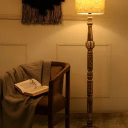 green girgit Yellow & Beige Printed Wooden Cylindrical Floor Lamps With Shade-2