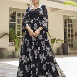 Chandbaali Women Floral Print Bell Sleeve Georgette Maxi Dress-image-47