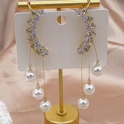 Krelin Korean Gold-Plated Stones Studded & Pearls Beaded Contemporary Tasselled Ear Cuff-image-30