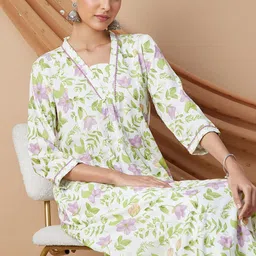 Melange by Lifestyle Floral Printed V-Neck Pure Cotton A-Line Kurta-image-76