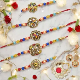 MEIRA JEWELLERY Set Of 5 Beaded Floral Rakhi Comes with Roli Chawal & Greeting Card-13