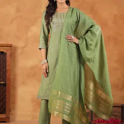 Janasya Ethnic Motifs Embroidered Sequinned Straight Kurta With Trousers & Dupatta-picture-28