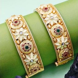 AARNAA Set Of 2 Gold-Plated Kundan Studded Bangles-image-2