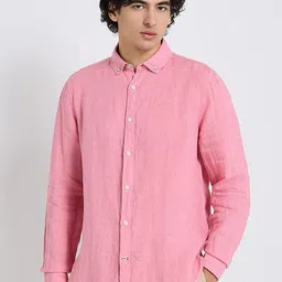 BEN SHERMAN Self Design Button-Down Collar Pure Linen Casual Shirt-image-48