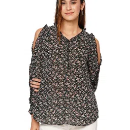 G0-4 IT Floral Print Cold-Shoulder Ruffles Georgette Top-picture-44