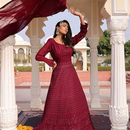 KALINI Floral Embroidered Sequinned Semi-Stitched Dress Material-image-49