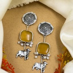 NAMAN ARTS Silver-Plated Stones Studded & Beaded Animal Shaped Oxidised Drop Earrings-49