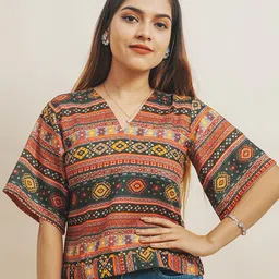 J 6 DESIGNER Geometric Print Flared Sleeve Cotton Top-picture-17